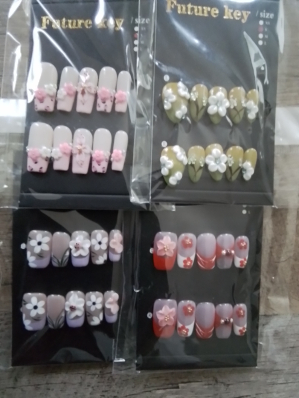 4 Sets Assorted 3D Floral Press-On Nails*Size S